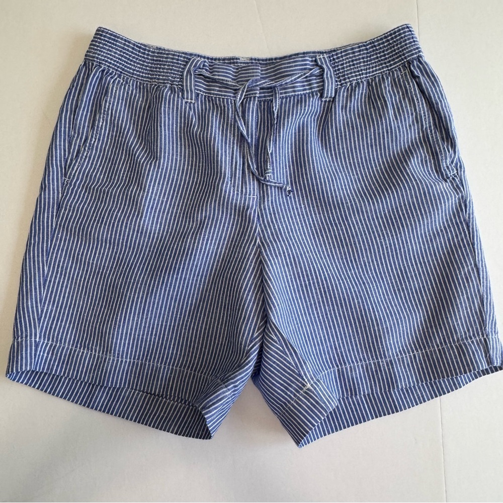 Talbots Easy Drawstring Shorts 4P Blue White Stripe Linen Cotton Summer - Picture 2 of 16